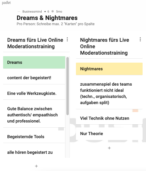 Ein PADLET mit den gesammelten Dreams & Nightmares der Teilnehmenden