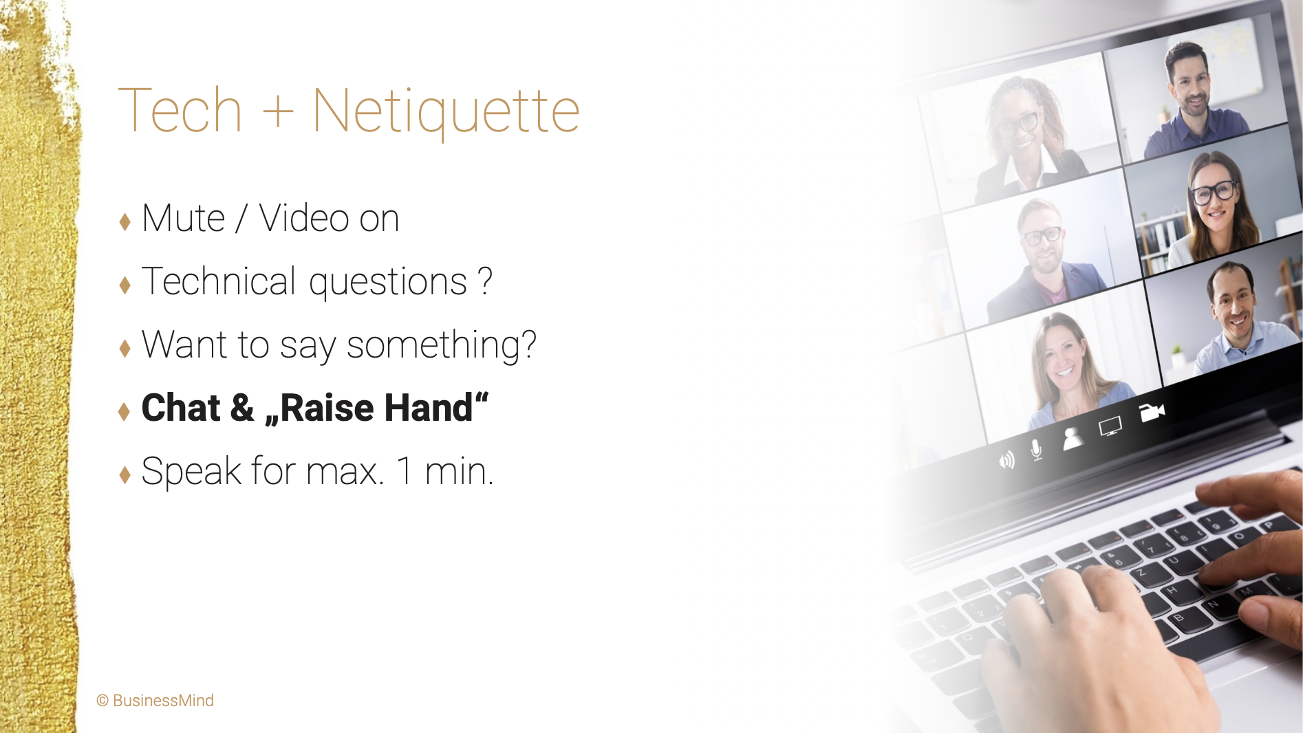 Tech_Netiquette_Slide Eine Powerpoint Slide mit Input zu Tech & Netiquette