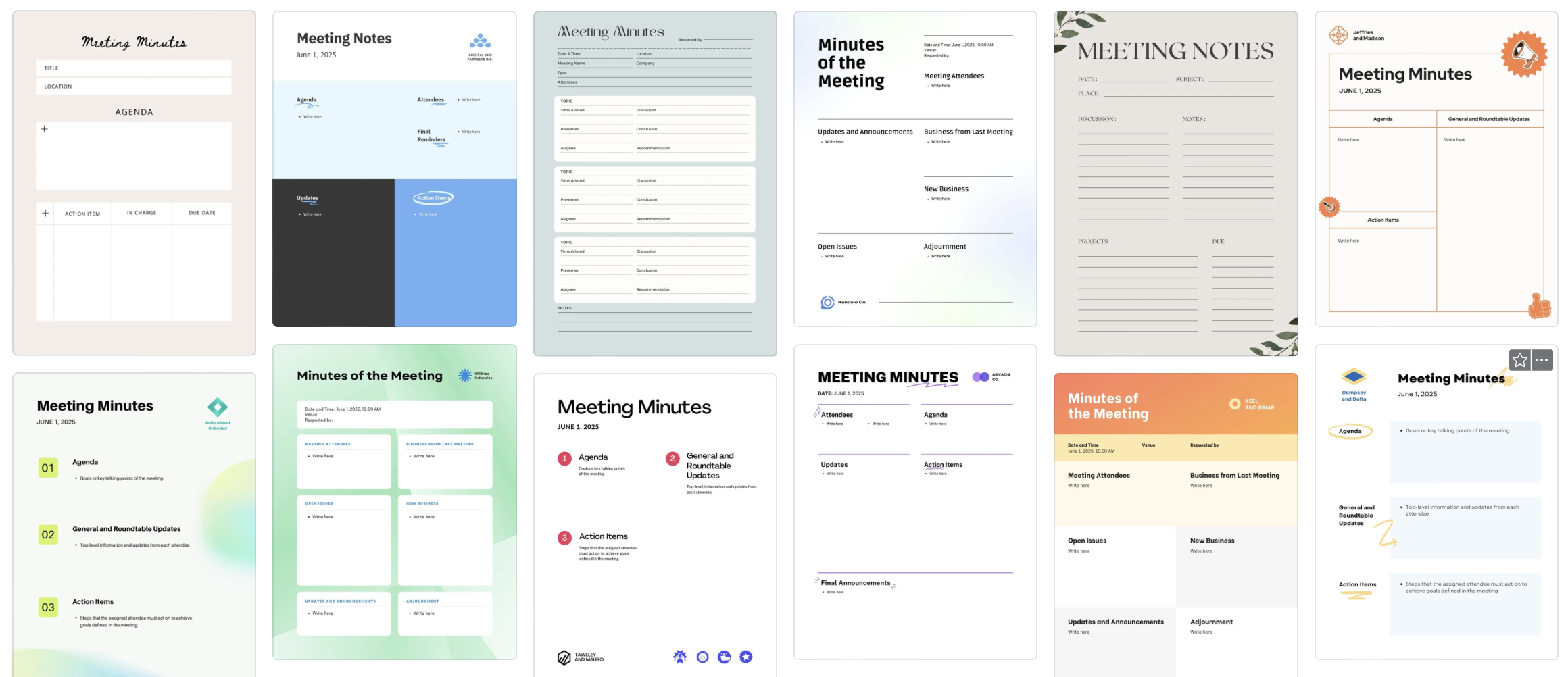 Ein Screenshot verschiedener Canva Templates für Meeting Minutes.